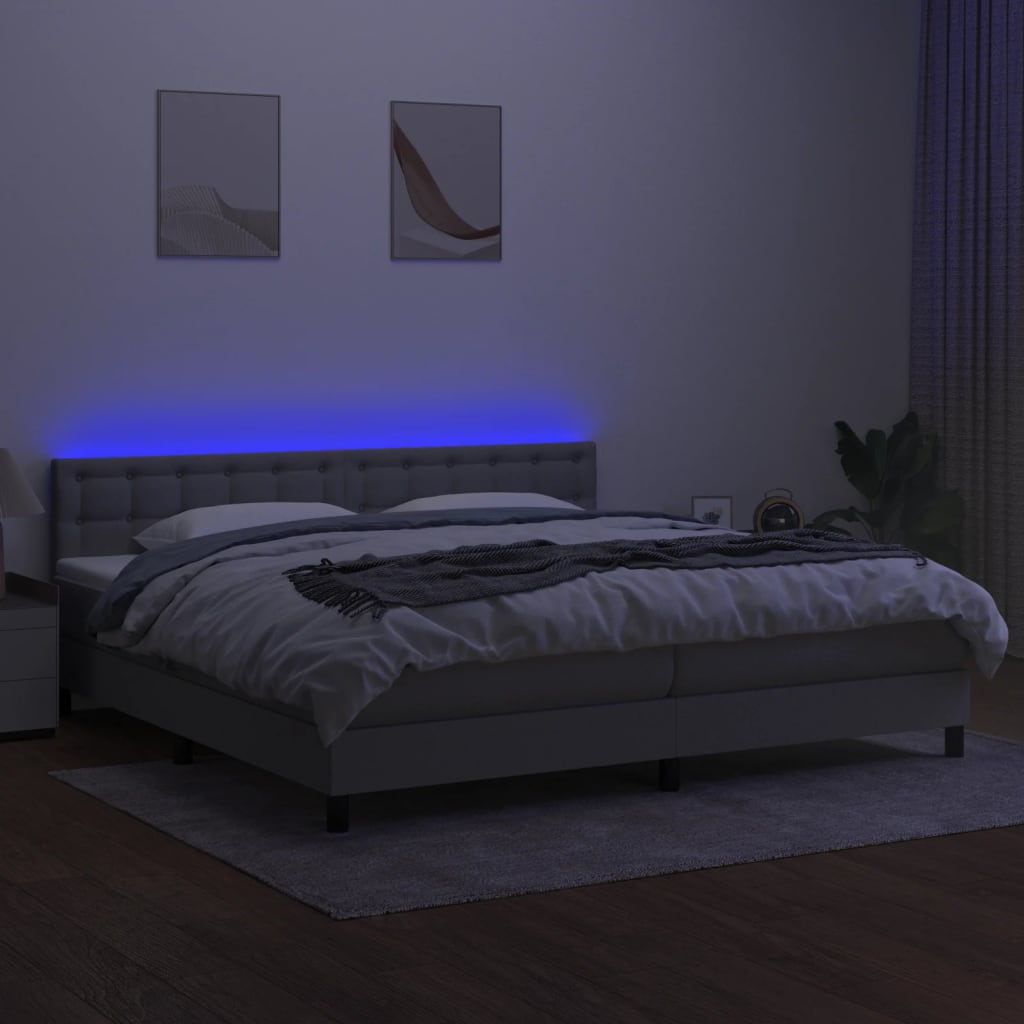 kontinentalseng med LED-lys 200x200 cm stof lysegrå
