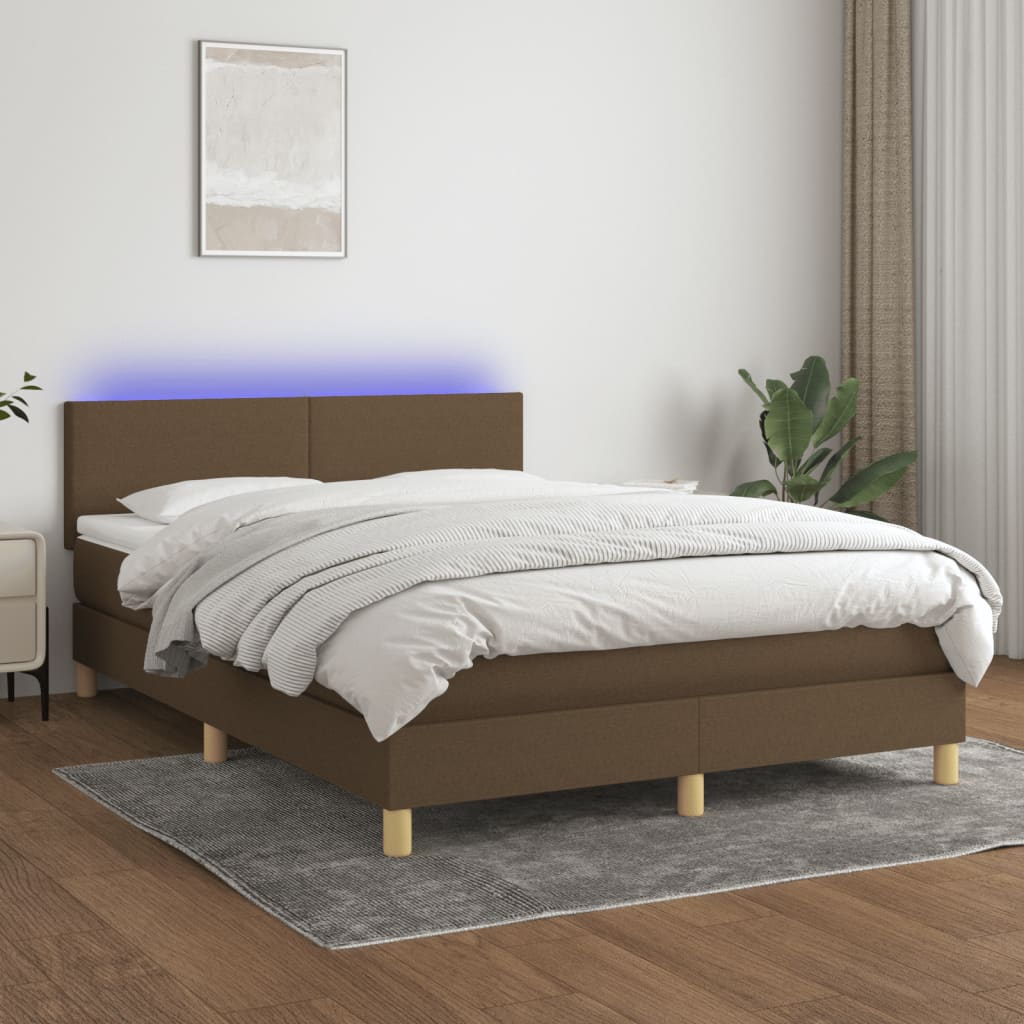 kontinentalseng med LED-lys 140x200 cm stof mørkebrun