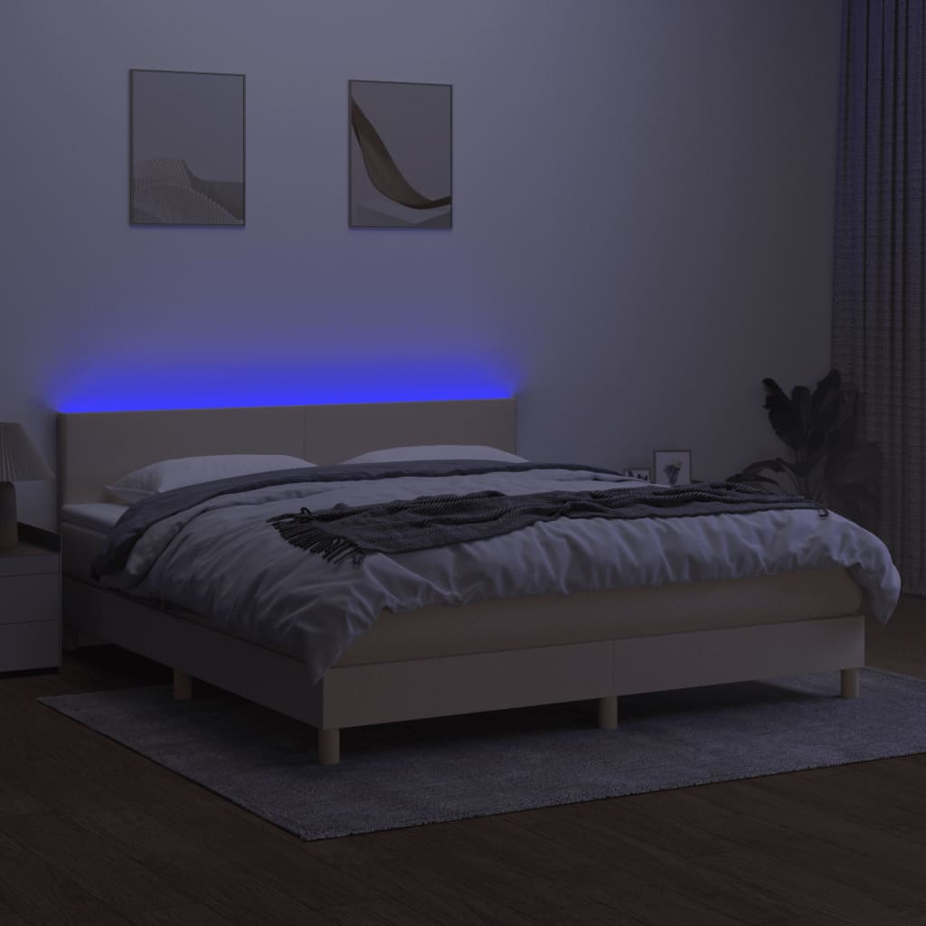kontinentalseng med LED-lys 180x200 cm stof cremefarvet