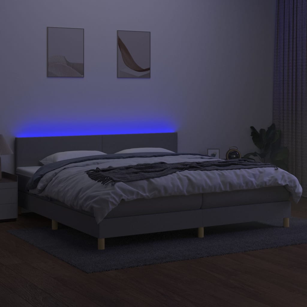 kontinentalseng med LED-lys 200x200 cm stof lysegrå