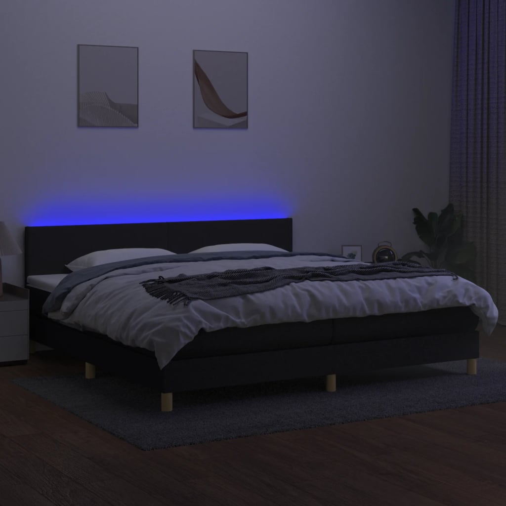 kontinentalseng med LED-lys 200x200 cm stof sort