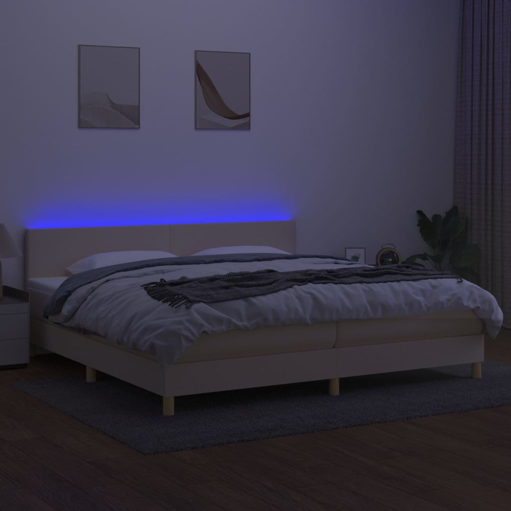 kontinentalseng med LED-lys 200x200 cm stof cremefarvet