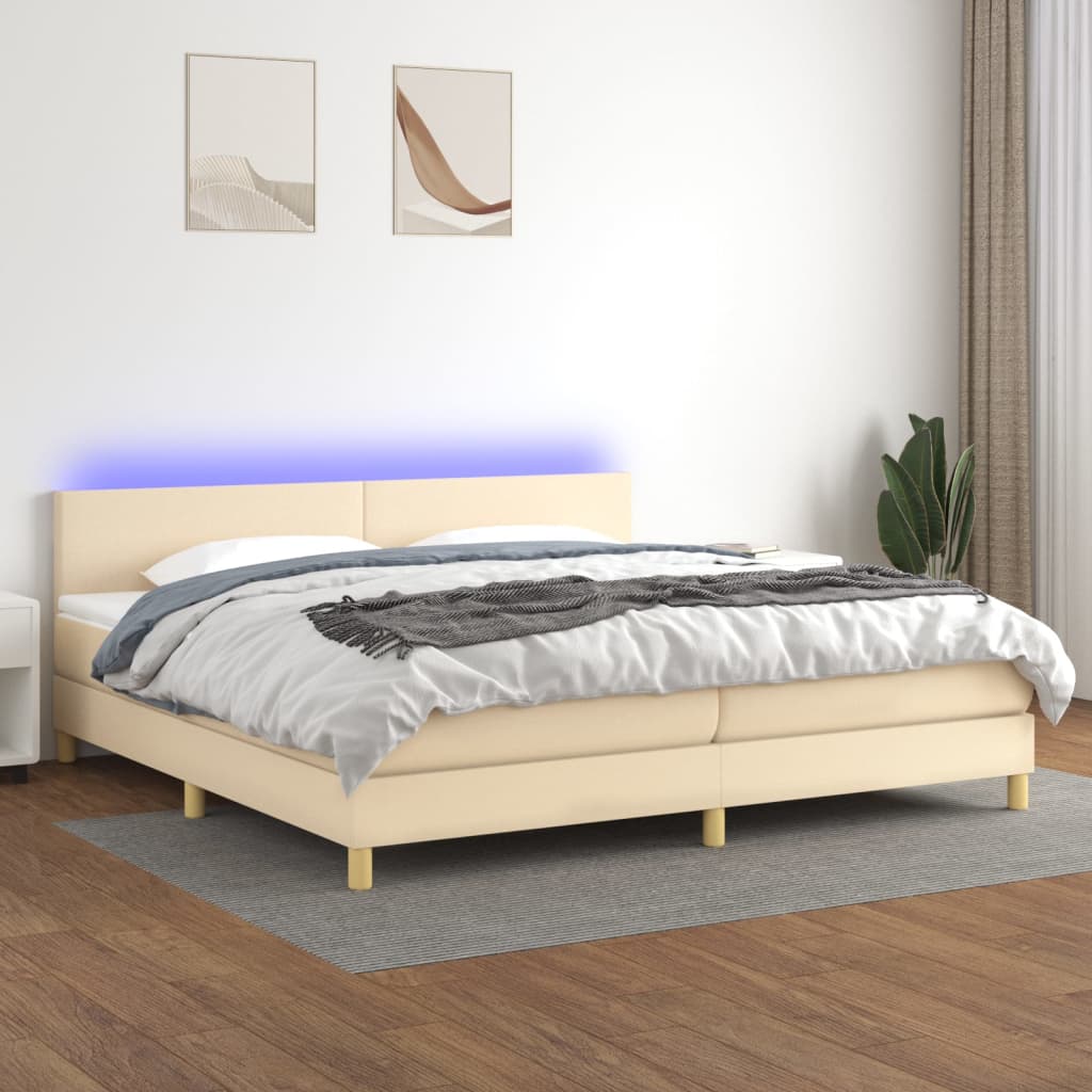 kontinentalseng med LED-lys 200x200 cm stof cremefarvet
