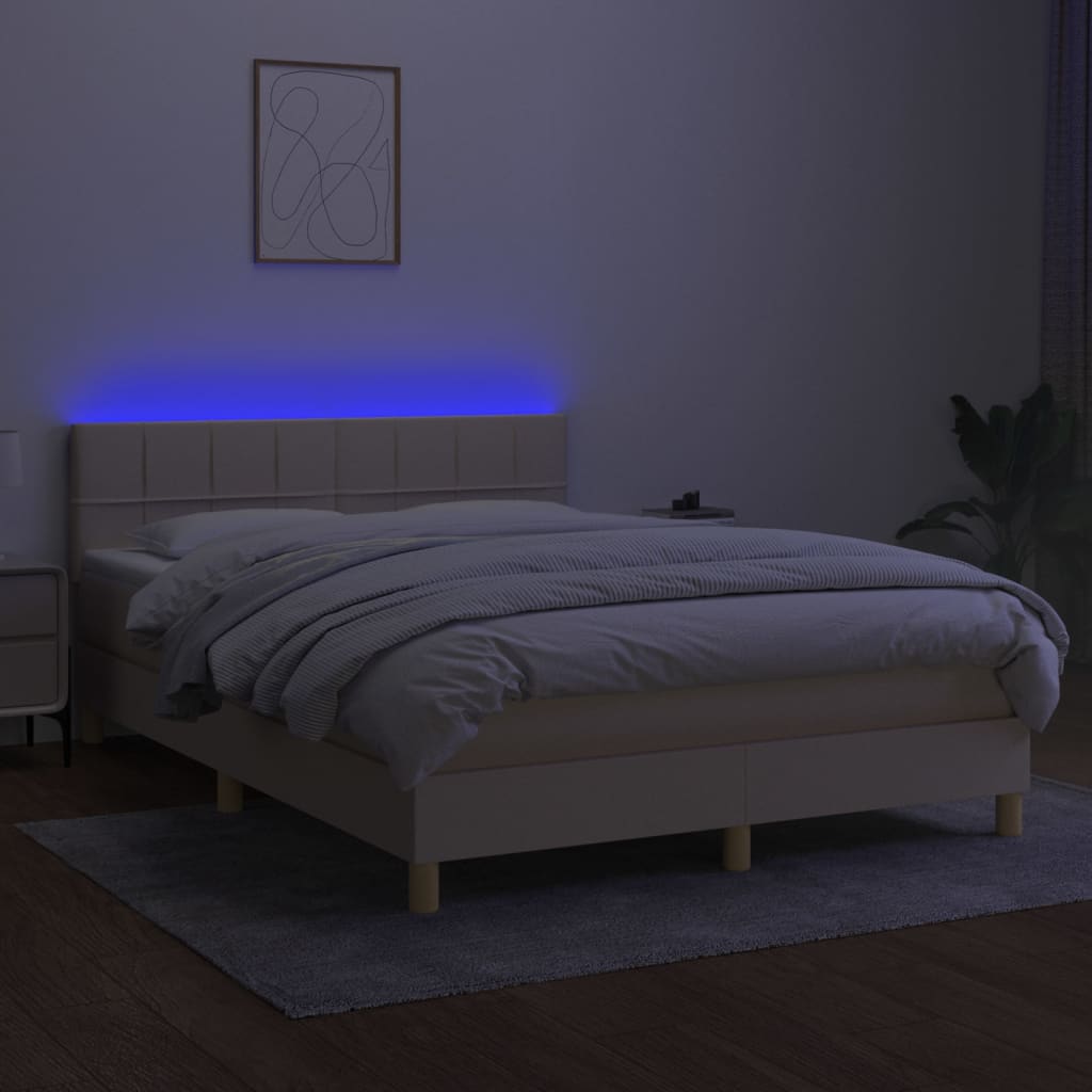 kontinentalseng med LED-lys 140x200 cm stof cremefarvet