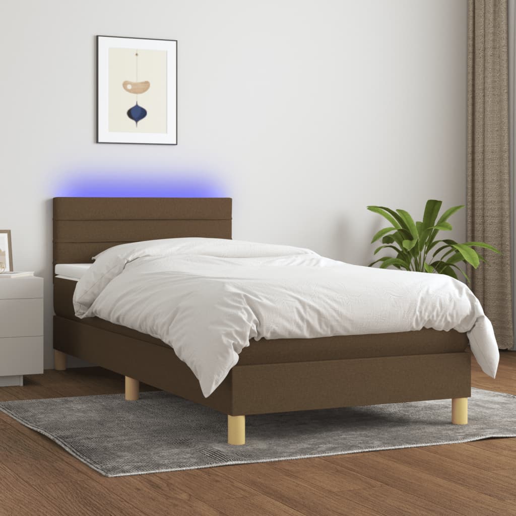 kontinentalseng med LED-lys 90x190 cm stof mørkebrun