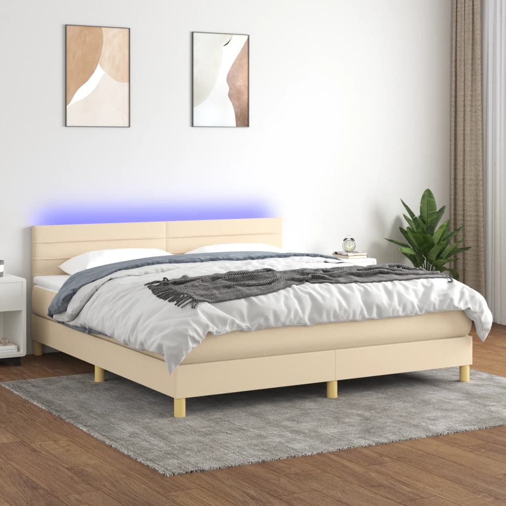 kontinentalseng med LED-lys 180x200 cm stof cremefarvet