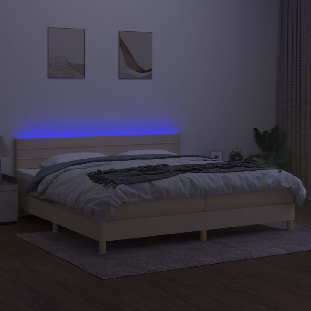 kontinentalseng med LED-lys 200x200 cm stof cremefarvet