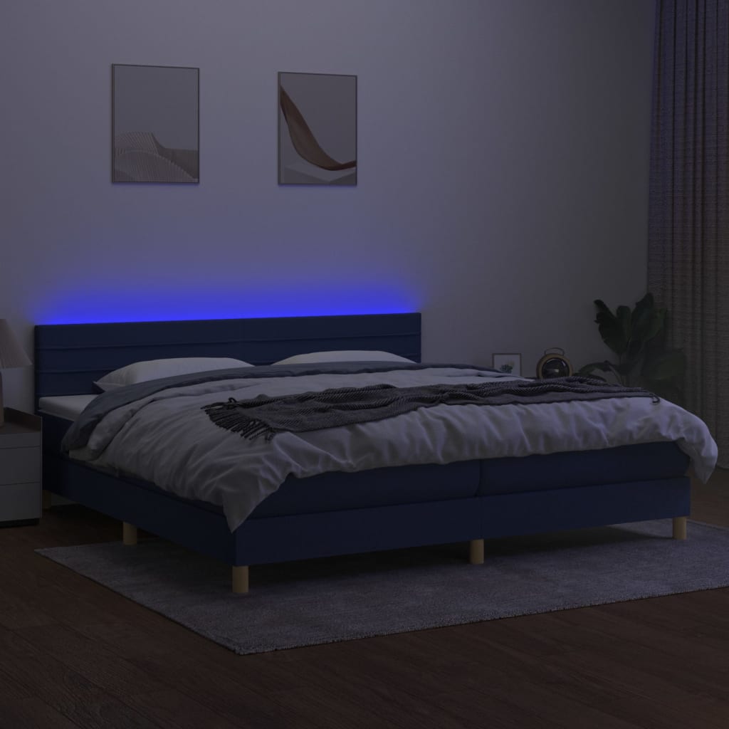 kontinentalseng med LED-lys 200x200 cm stof blå