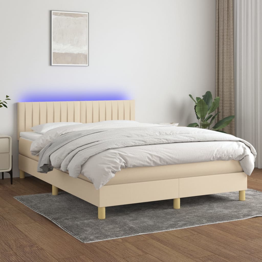 kontinentalseng med LED-lys 140x200 cm stof cremefarvet