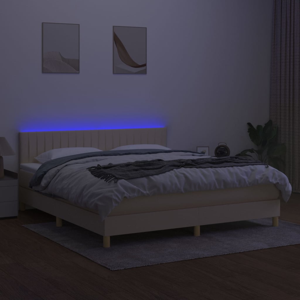 kontinentalseng med LED-lys 180x200 cm stof cremefarvet