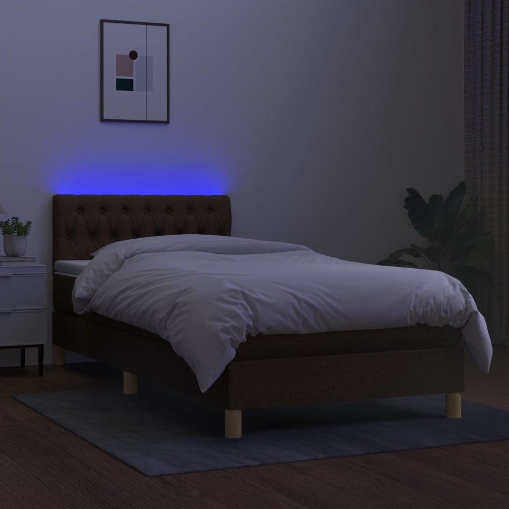 kontinentalseng med LED-lys 90x200 cm stof mørkebrun