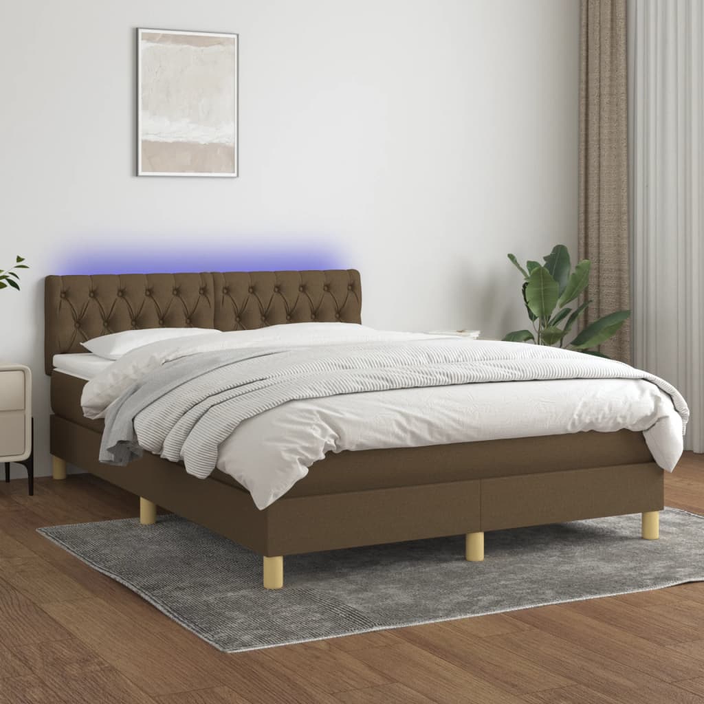kontinentalseng med LED-lys 140x190 cm stof mørkebrun