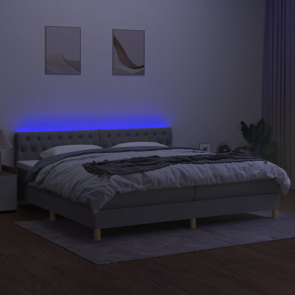 kontinentalseng med LED-lys 200x200 cm stof lysegrå