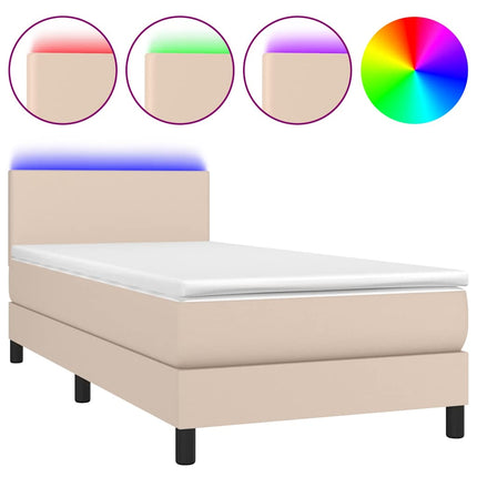 kontinentalseng LED-lys 90x200 cm kunstlæder cappuccinofarvet