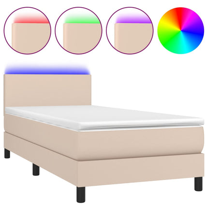kontinentalseng LED-lys 90x200 cm kunstlæder cappuccinofarvet