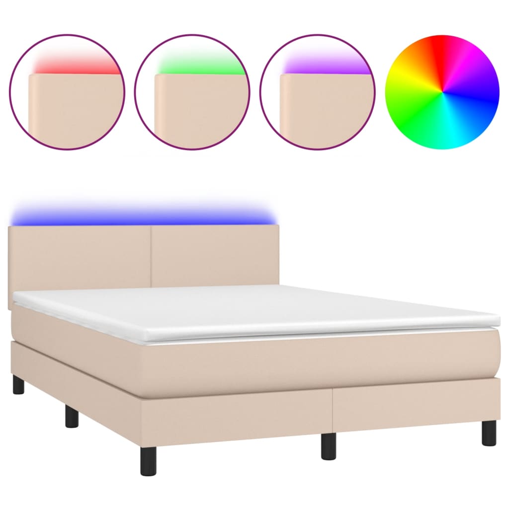 kontinentalseng LED-lys 140x190 cm kunstlæder cappuccinofarvet