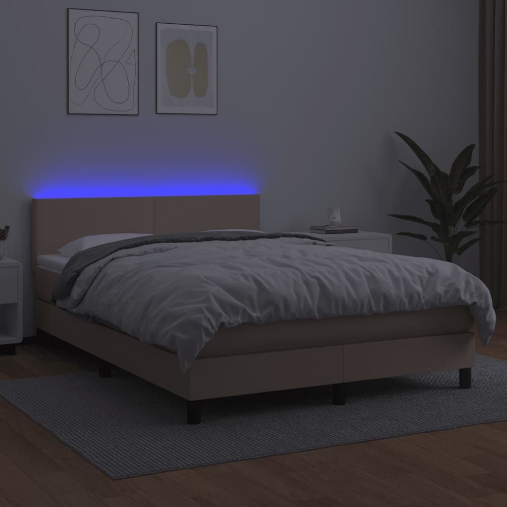 kontinentalseng LED-lys 140x190 cm kunstlæder cappuccinofarvet