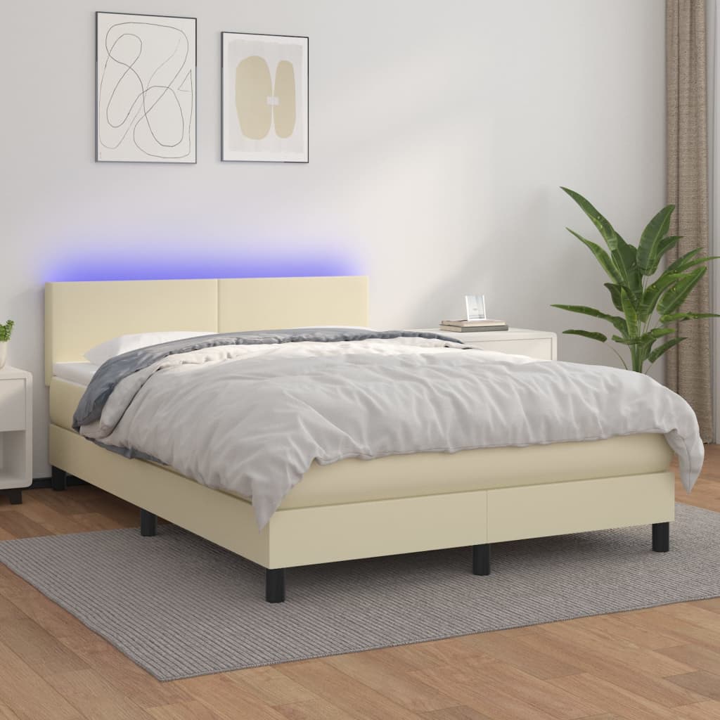 kontinentalseng med LED-lys 140x200 cm kunstlæder cremefarvet