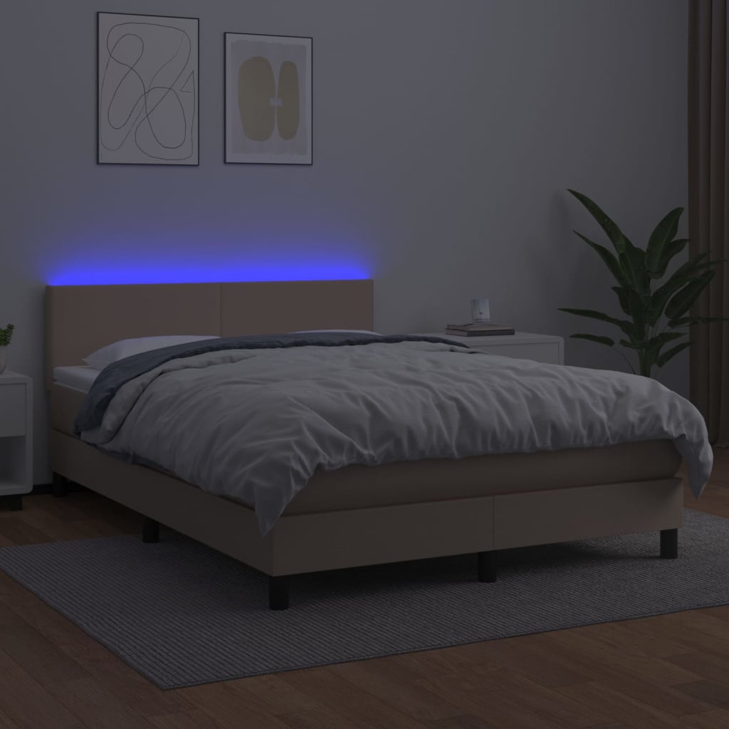 kontinentalseng LED-lys 140x200 cm kunstlæder cappuccinofarvet