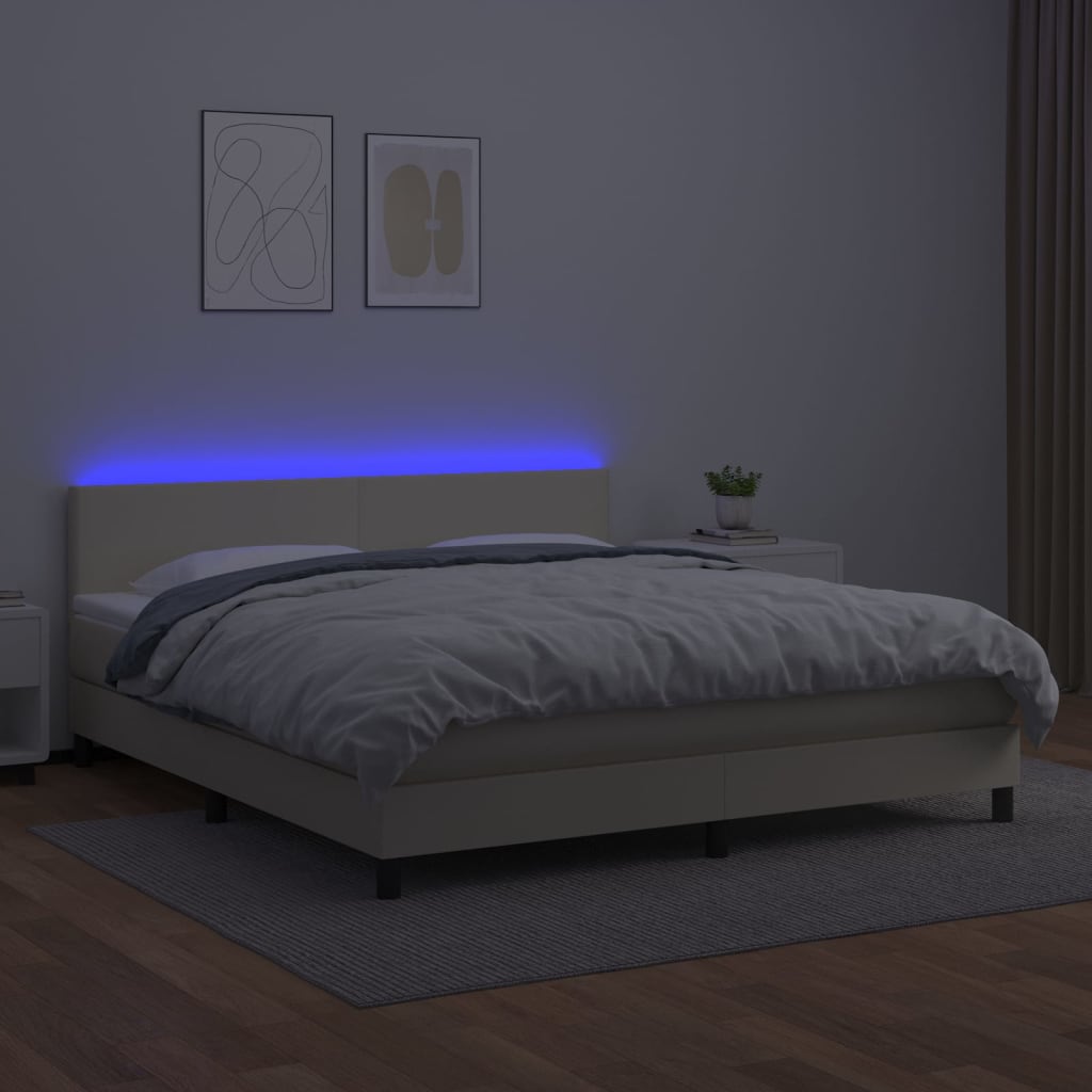 kontinentalseng med LED-lys 180x200 cm kunstlæder cremefarvet