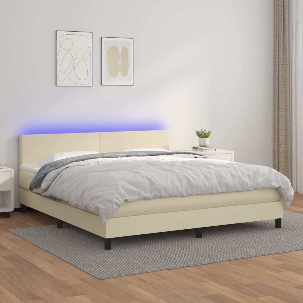 kontinentalseng med LED-lys 180x200 cm kunstlæder cremefarvet