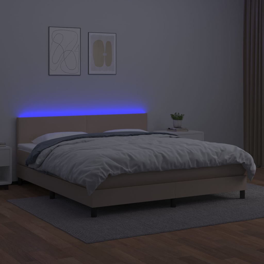 kontinentalseng LED-lys 180x200 cm kunstlæder cappuccinofarvet