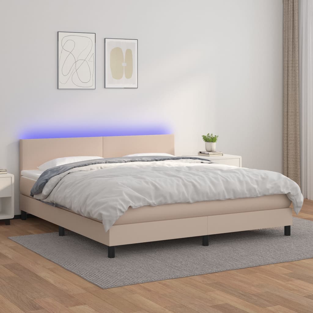 kontinentalseng LED-lys 180x200 cm kunstlæder cappuccinofarvet