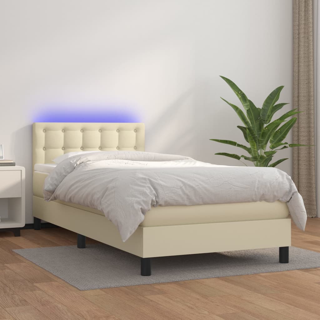 kontinentalseng med LED-lys 90x190 cm kunstlæder cremefarvet