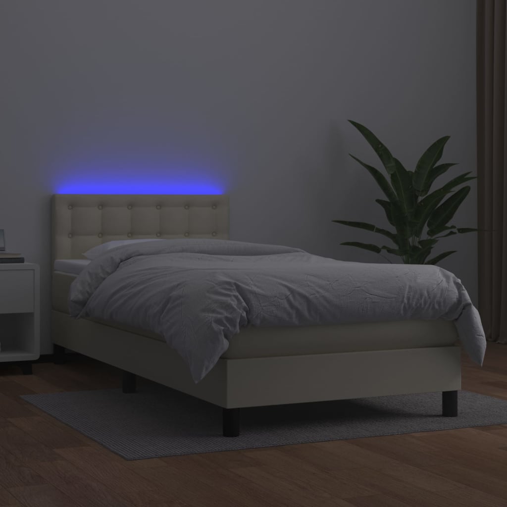 kontinentalseng med LED-lys 90x200 cm kunstlæder cremefarvet