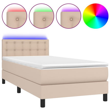 kontinentalseng LED-lys 90x200 cm kunstlæder cappuccinofarvet