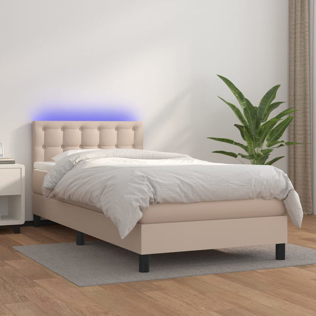kontinentalseng LED-lys 90x200 cm kunstlæder cappuccinofarvet