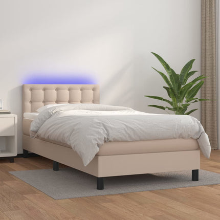 kontinentalseng LED-lys 90x200 cm kunstlæder cappuccinofarvet