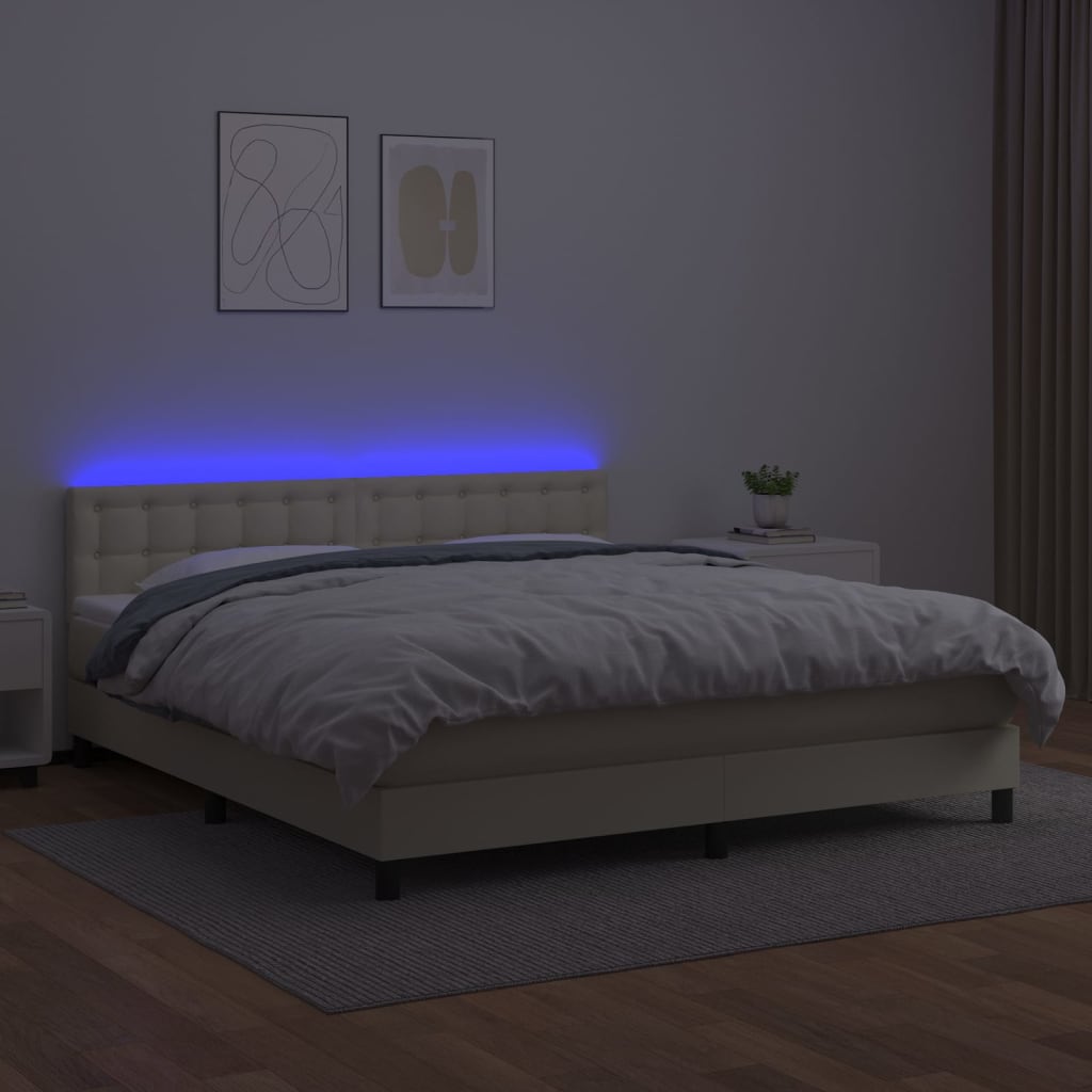 kontinentalseng med LED-lys 180x200 cm kunstlæder cremefarvet