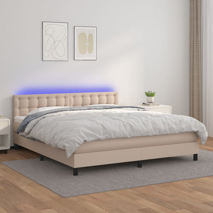 kontinentalseng LED-lys 180x200 cm kunstlæder cappuccinofarvet