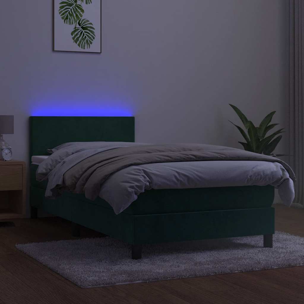 kontinentalseng med madras og LED-lys 90x190 cm fløjl mørkegrøn