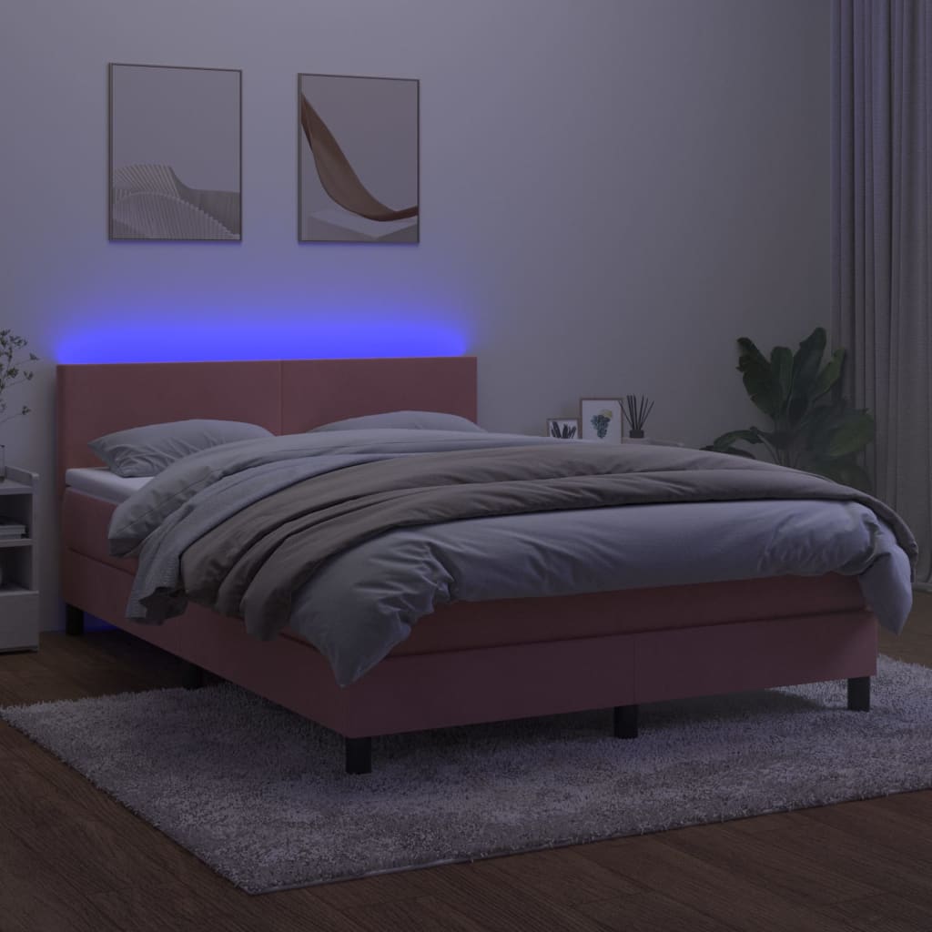 kontinentalseng med madras og LED-lys 140x190 cm fløjl lyserød