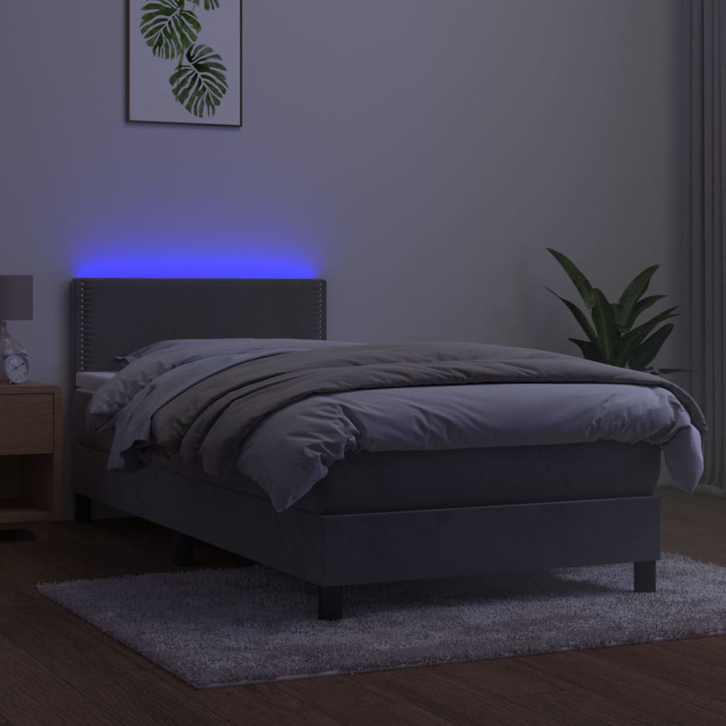 kontinentalseng med madras og LED-lys 100x200 cm fløjl lysegrå