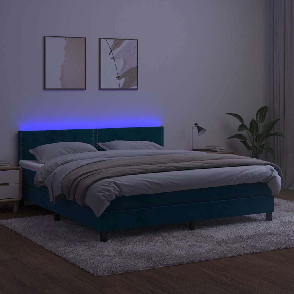 kontinentalseng med madras og LED-lys 160x200 cm fløjl mørkeblå