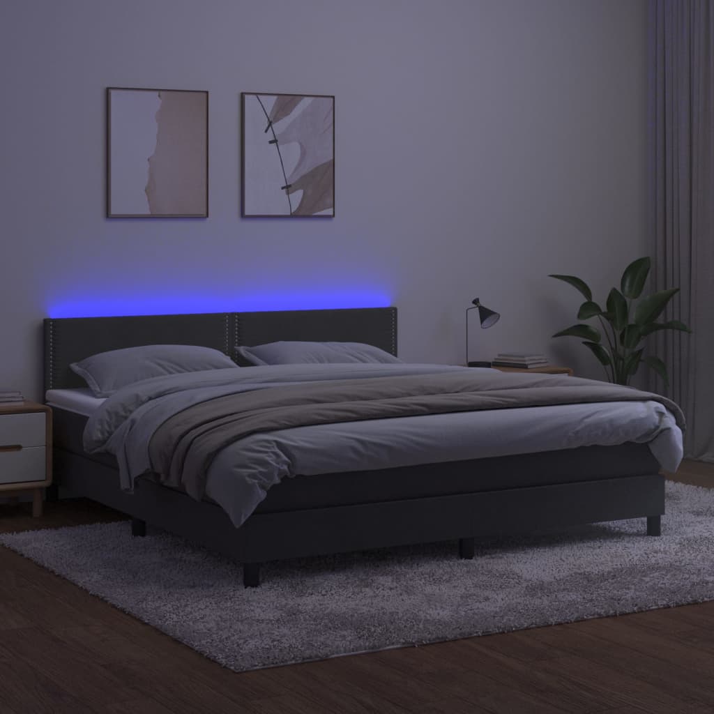 kontinentalseng med madras og LED-lys 180x200 cm fløjl mørkegrå