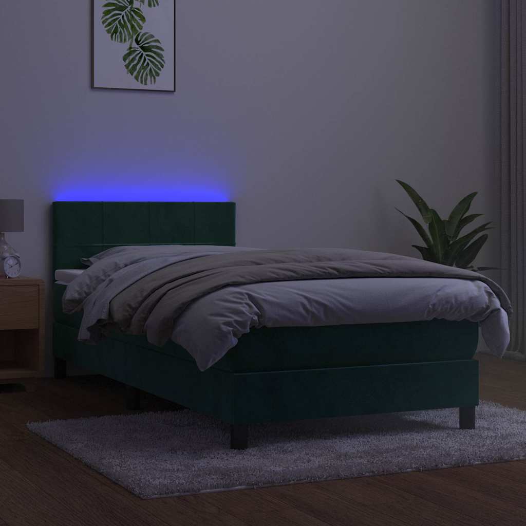 kontinentalseng med madras og LED-lys 90x200 cm fløjl mørkegrøn