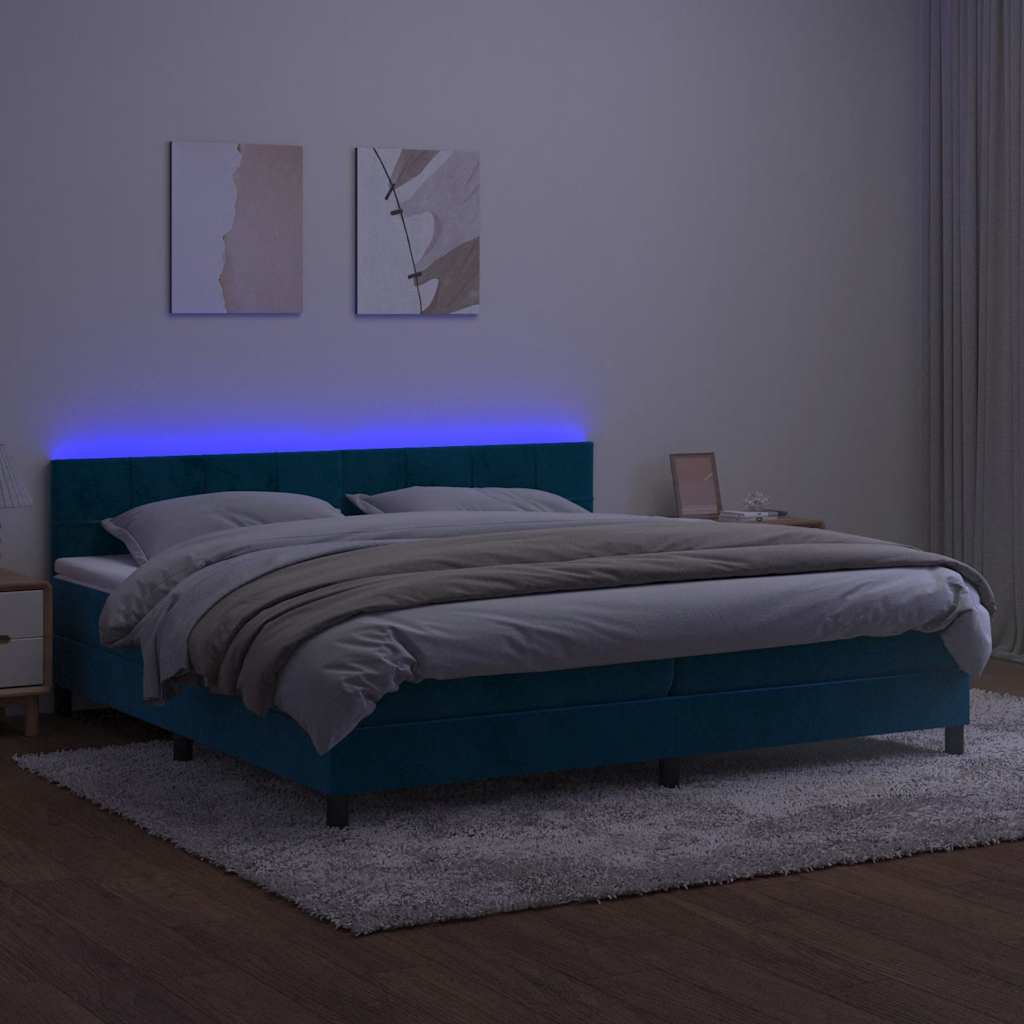 kontinentalseng med madras og LED-lys 200x200 cm fløjl mørkeblå