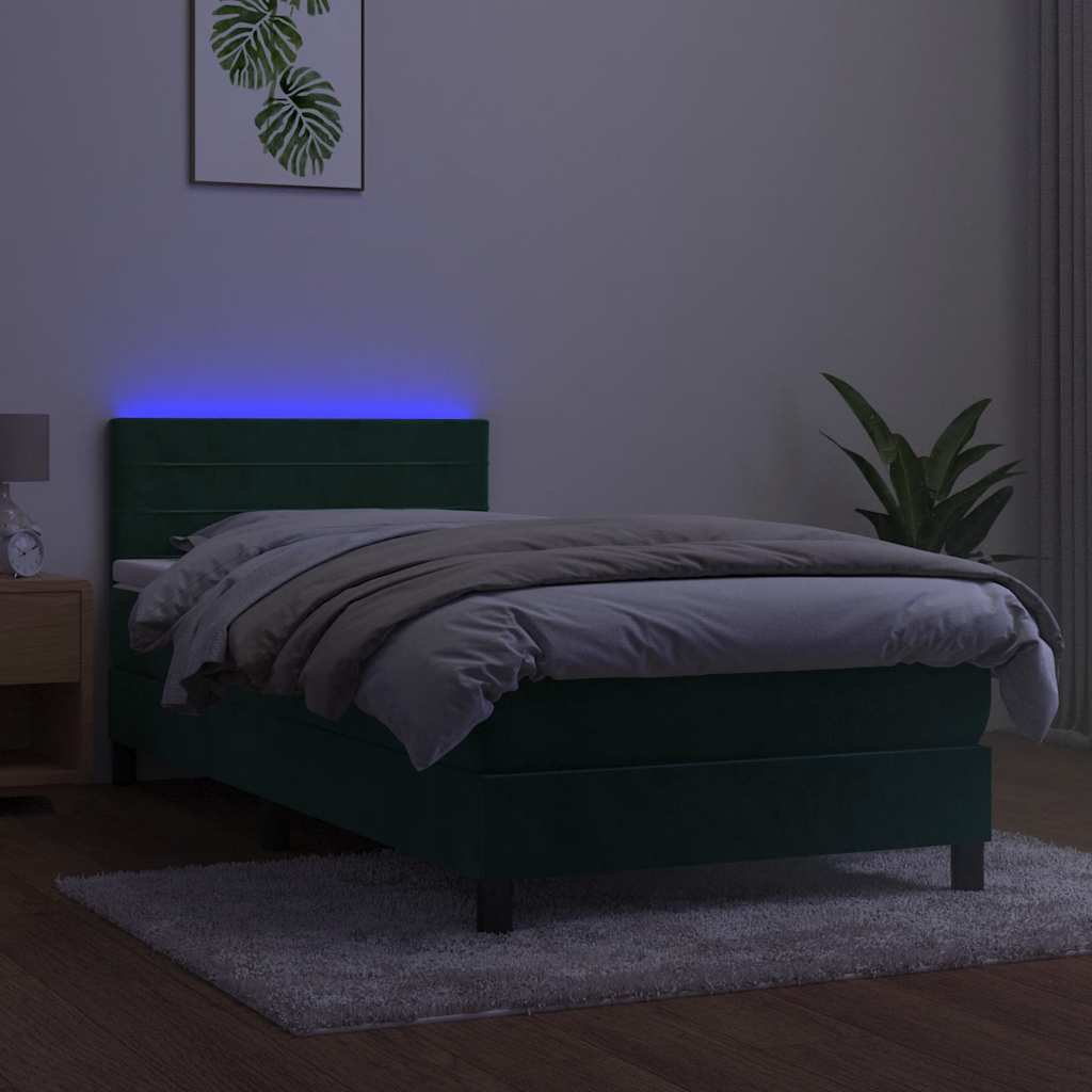 kontinentalseng med madras og LED-lys 90x190 cm fløjl mørkegrøn