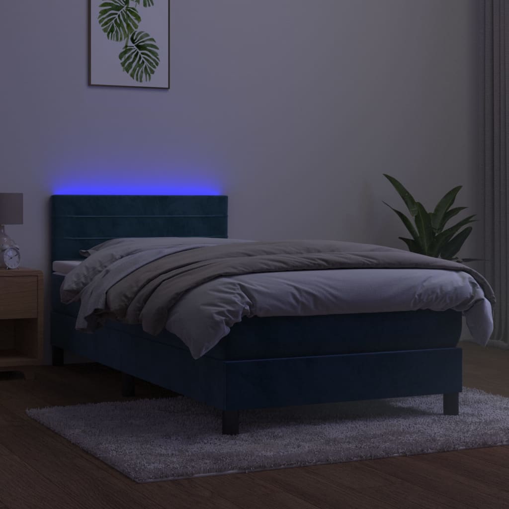 kontinentalseng med madras og LED-lys 90x190 cm fløjl mørkeblå
