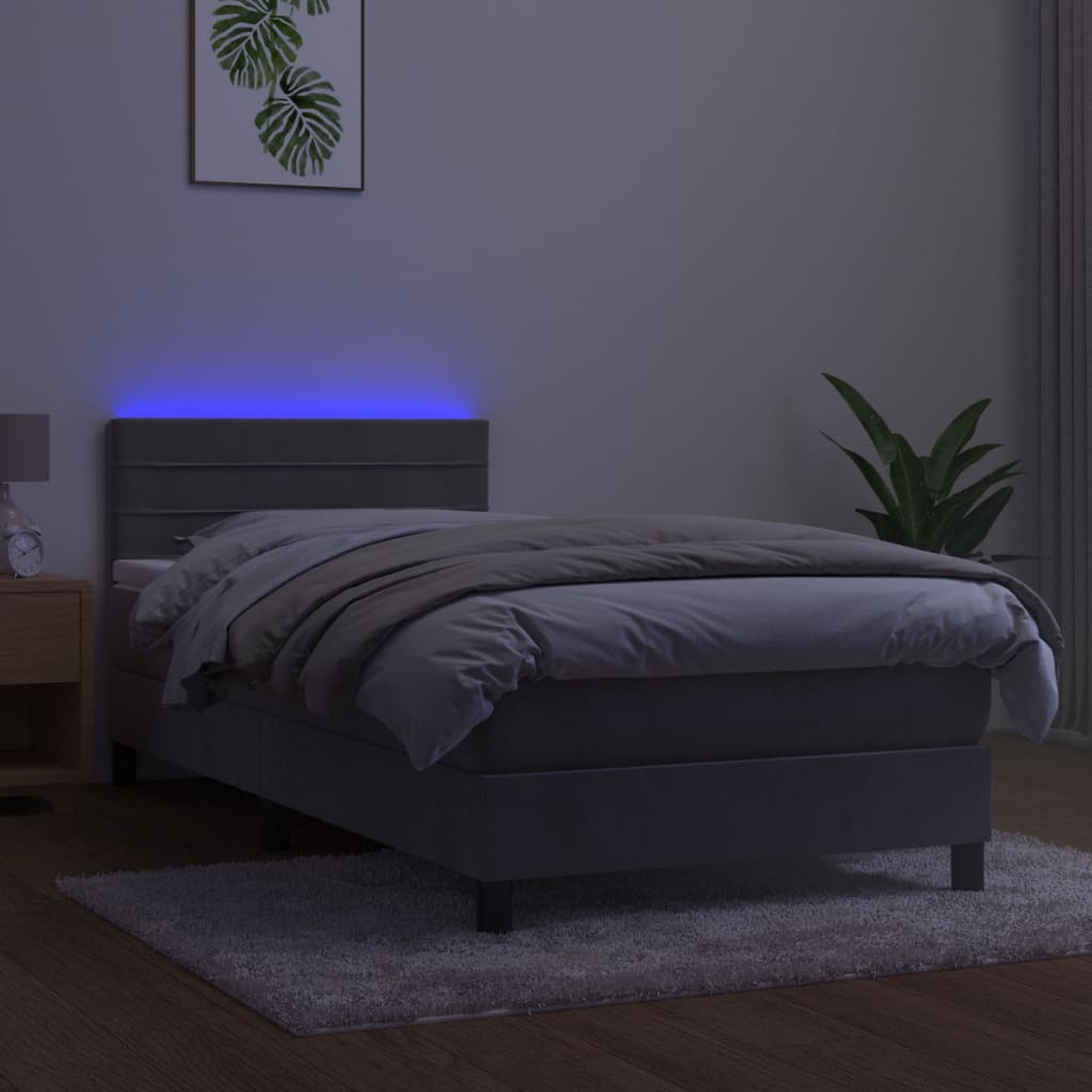 kontinentalseng med madras og LED-lys 100x200 cm fløjl lysegrå