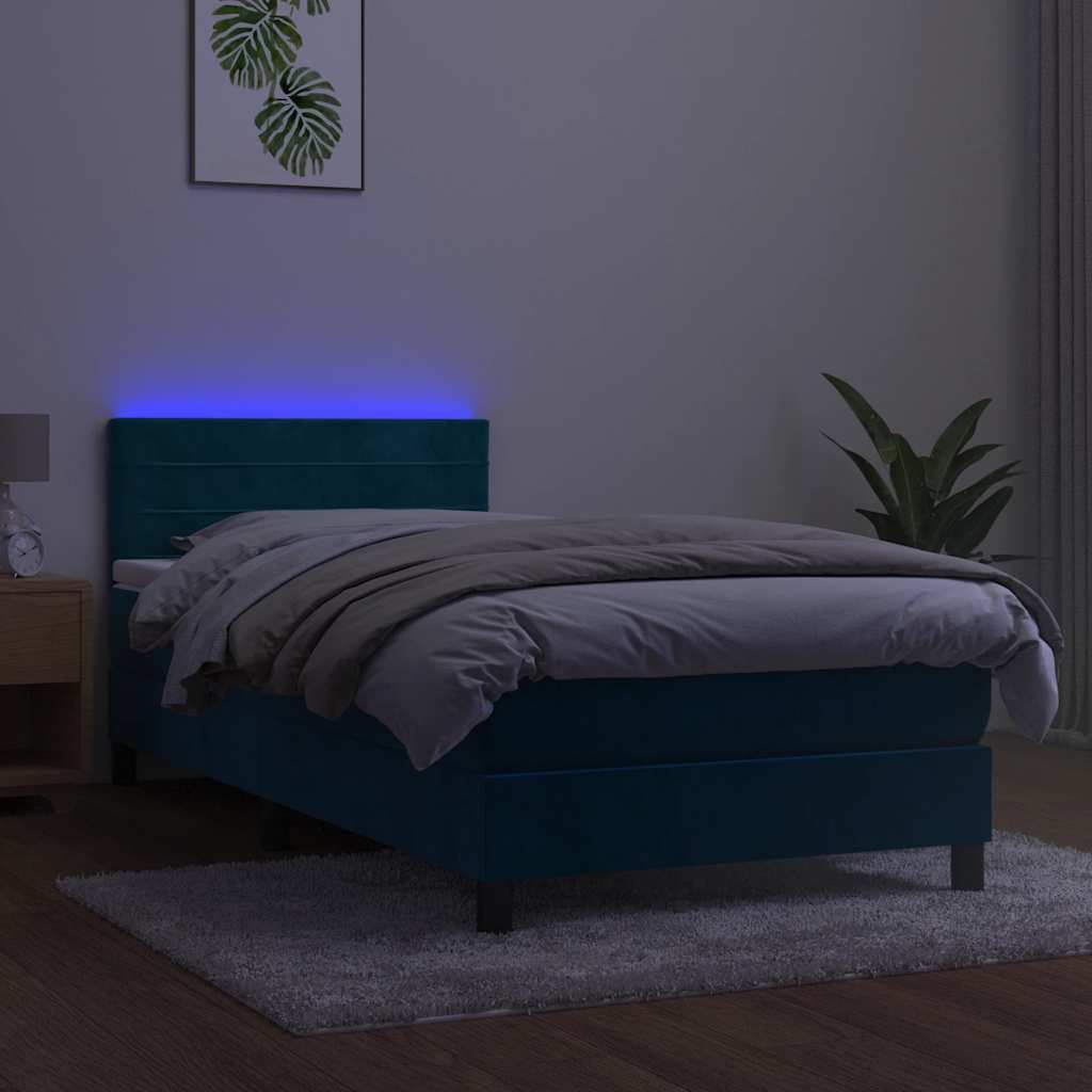 kontinentalseng med madras og LED-lys 100x200 cm fløjl mørkeblå