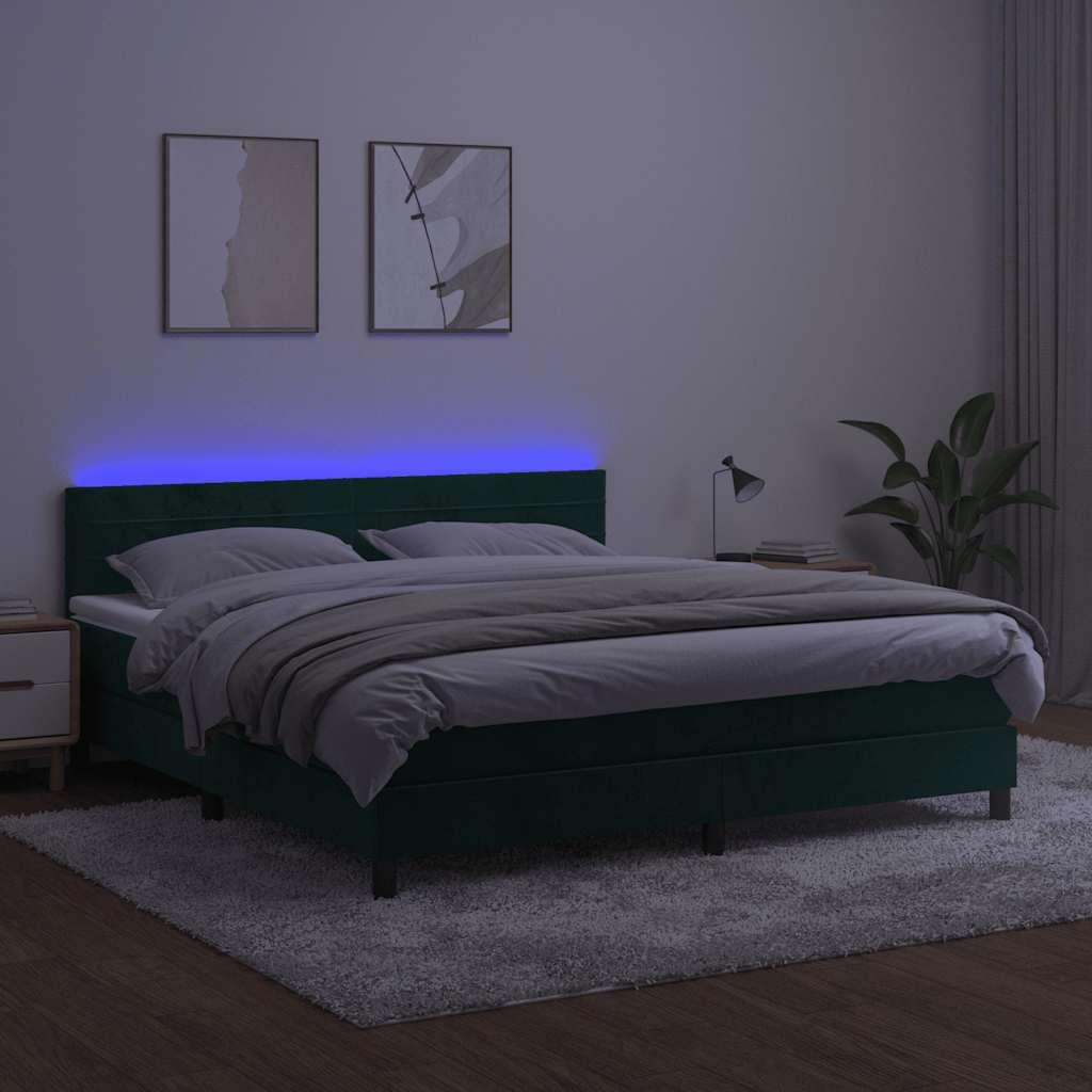 kontinentalseng med madras og LED-lys 160x200 cm fløjl mørkegrøn