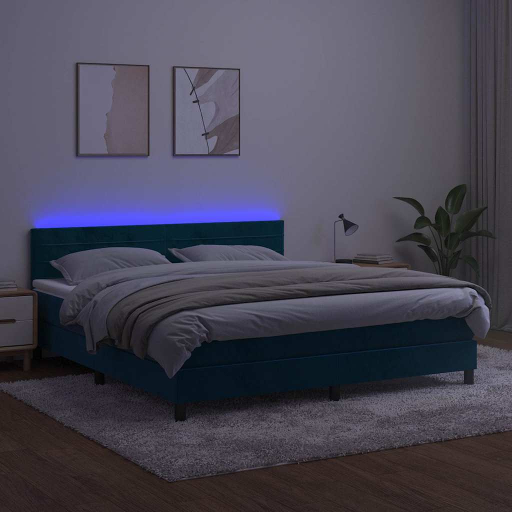 kontinentalseng med madras og LED-lys 160x200 cm fløjl mørkeblå