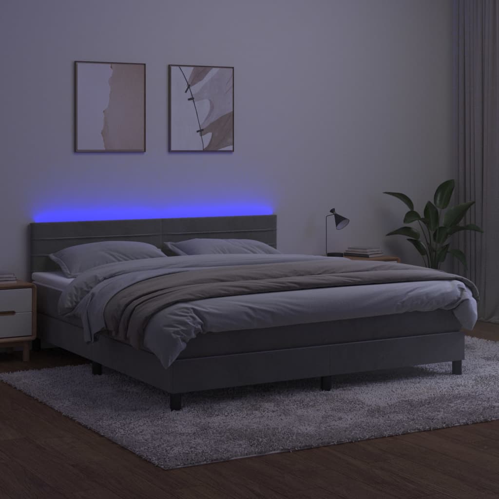 kontinentalseng med madras og LED-lys 180x200 cm fløjl lysegrå