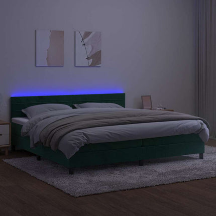 kontinentalseng med madras og LED-lys 200x200 cm fløjl mørkegrøn
