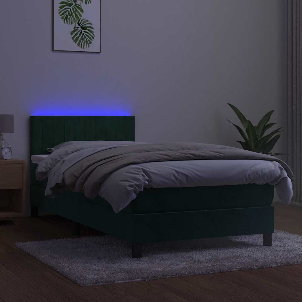 kontinentalseng med madras og LED-lys 90x200 cm fløjl mørkegrøn